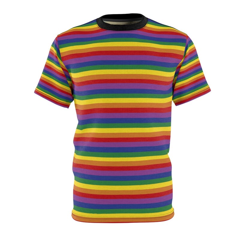 May include: A short-sleeved t-shirt with horizontal stripes in the colors of the rainbow. The stripes are red, orange, yellow, green, blue, indigo, and violet.