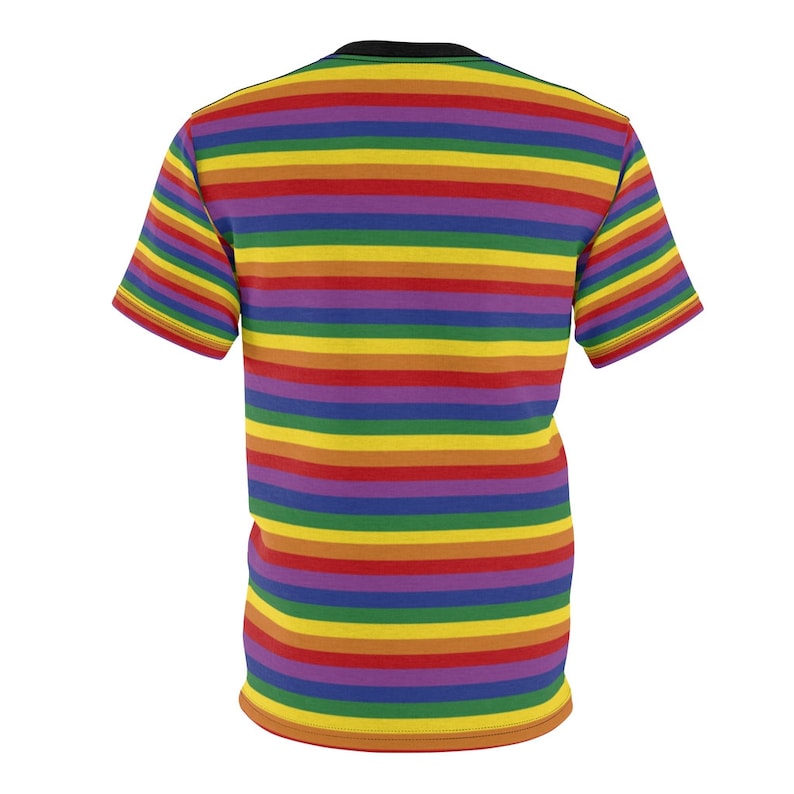 May include: A short-sleeved t-shirt with a rainbow striped pattern. The stripes are red, orange, yellow, green, blue, indigo, and violet.