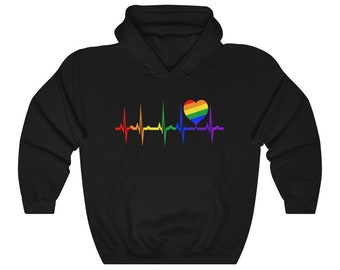 LGBTQ Rainbow EKG Heart Unisex Hooded Sweatshirt, Rainbow Hoodie, Gay Pride, Pride Clothing, Rainbow Pride Gifts, LGBT Shirts, Plus Sizes