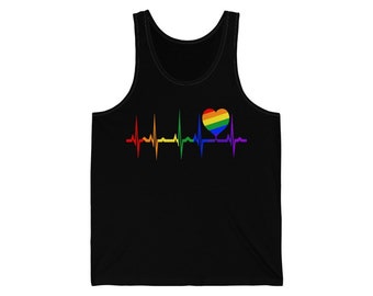 Lgbtg Pride Month Gay Pride Rainbow Heart Tank Top, Rainbow Pride Shirt Tank Top, Rainbow EKG Heart, Birthday Christmas, Rainbow Heartbeat