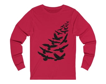 Birds Flying Long-Sleeve Unisex Tee, Bird Shirts, Hipster Fashion, Crows Doves, Cute Fashion Tee, Mens Womens Graphic Tees, Bird Lover Gift