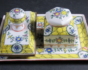 Aladin France Faience Inkwell Desk Set Tray Inkwell Blotter Lid & Liner Signed