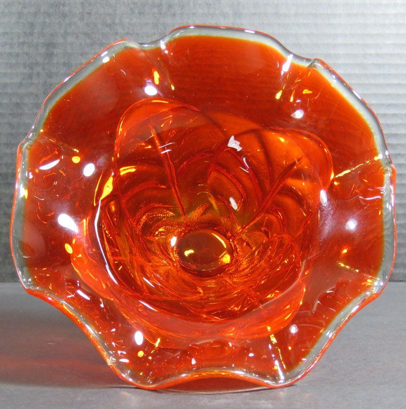 Viking Art Glass Orange Persimmon Cabbage Leaf Footed Pedestal Compote Candy Dish Mid Century image 2