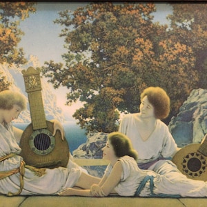 Maxwell Parrish The Lute Players Framed Lithograph Print, The House of Art. N Y with Original Frame, 1924 Antique 11 x 7 image 2