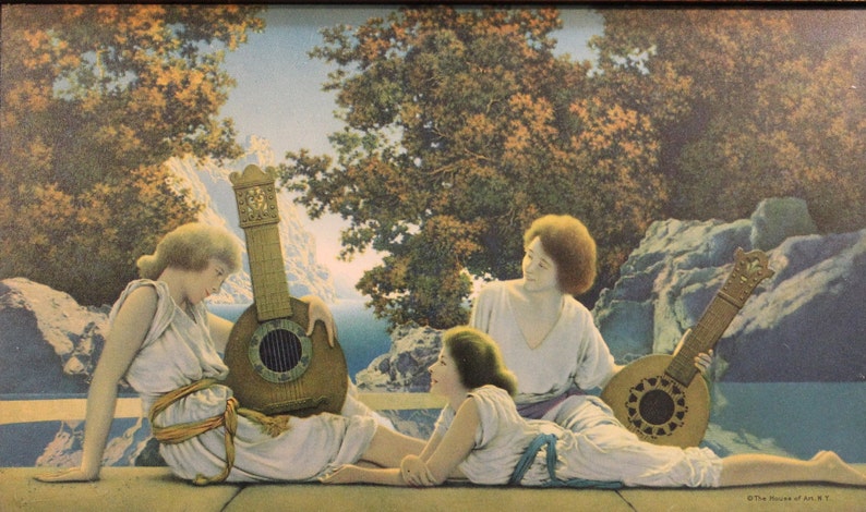 Maxwell Parrish The Lute Players Framed Lithograph Print, The House of Art. N Y with Original Frame, 1924 Antique 11 x 7 image 2