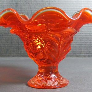 Viking Art Glass Orange Persimmon Cabbage Leaf Footed Pedestal Compote Candy Dish Mid Century image 1