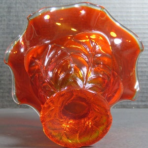 Viking Art Glass Orange Persimmon Cabbage Leaf Footed Pedestal Compote Candy Dish Mid Century image 3