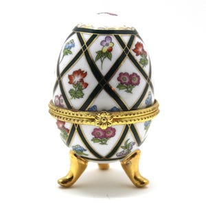 Porcelain Footed Egg Hinged Trinket Jewelry Box, Multicolored Flowers with Gold Gilt, Vintage