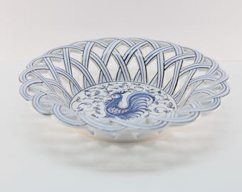 Outeiro Agueda Portugal Reticulated Blue Rooster Bowl, Signed JM, Vintage
