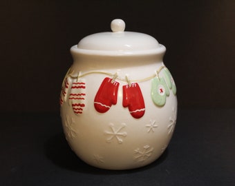 Vintage Hallmark Cookie Cannister, Small Ceramic Treat Jar with Mitten and Snowflake Design