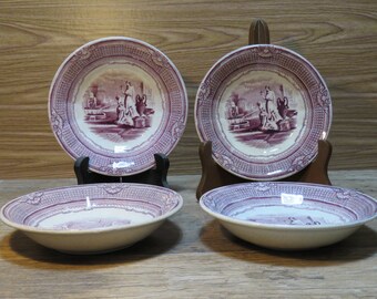 Rare Antique Anthony Shaw Mulberry Transferware Ironstone Teacup Saucers, C 1800&#39;s