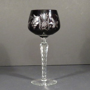 Vintage Imperlux Amethyst Goblet Hand Cut Lead Crystal with Stars Flowers Grapes Leaves, 8"Tall, East Germany, C 1950-1975