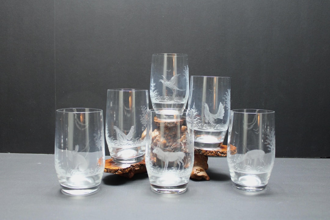 Set of 6 Etched Wildlife Barware Crystal Glasses, Deer, Doe, Rabbit ...