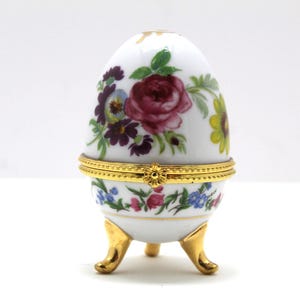 Porcelain Footed Egg Brass Hinged Trinket Jewelry Box, Multicolored Flowers with Gold Gilt, Vintage