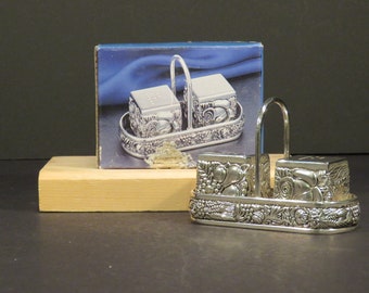 vintage Silver Plate Salt and Pepper Shakers with Carrier/Basket Handle Tray Set Grapes, Fruit, Roses, Original Box