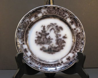 Antique Podmore, Walker & Co 7" Plate "Corean" Pattern. Victorian Flow Black Mulberry Transferware, Circa 1834-1856