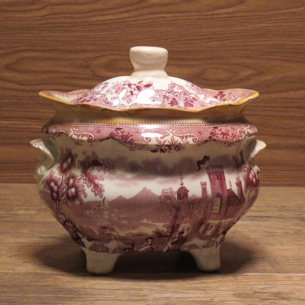 Antique Mulberry Staffordshire Transferware Footed Sugar Bowl with Lid, 1850's