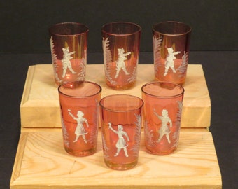 Antique Rare Mary Gregory Cranberry 2" Shot Glasses Hand Enameled Hand Blown