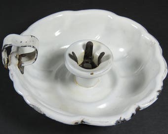 Vintage Graniteware Enamelware White Chamber Candle Holder Finger Ring