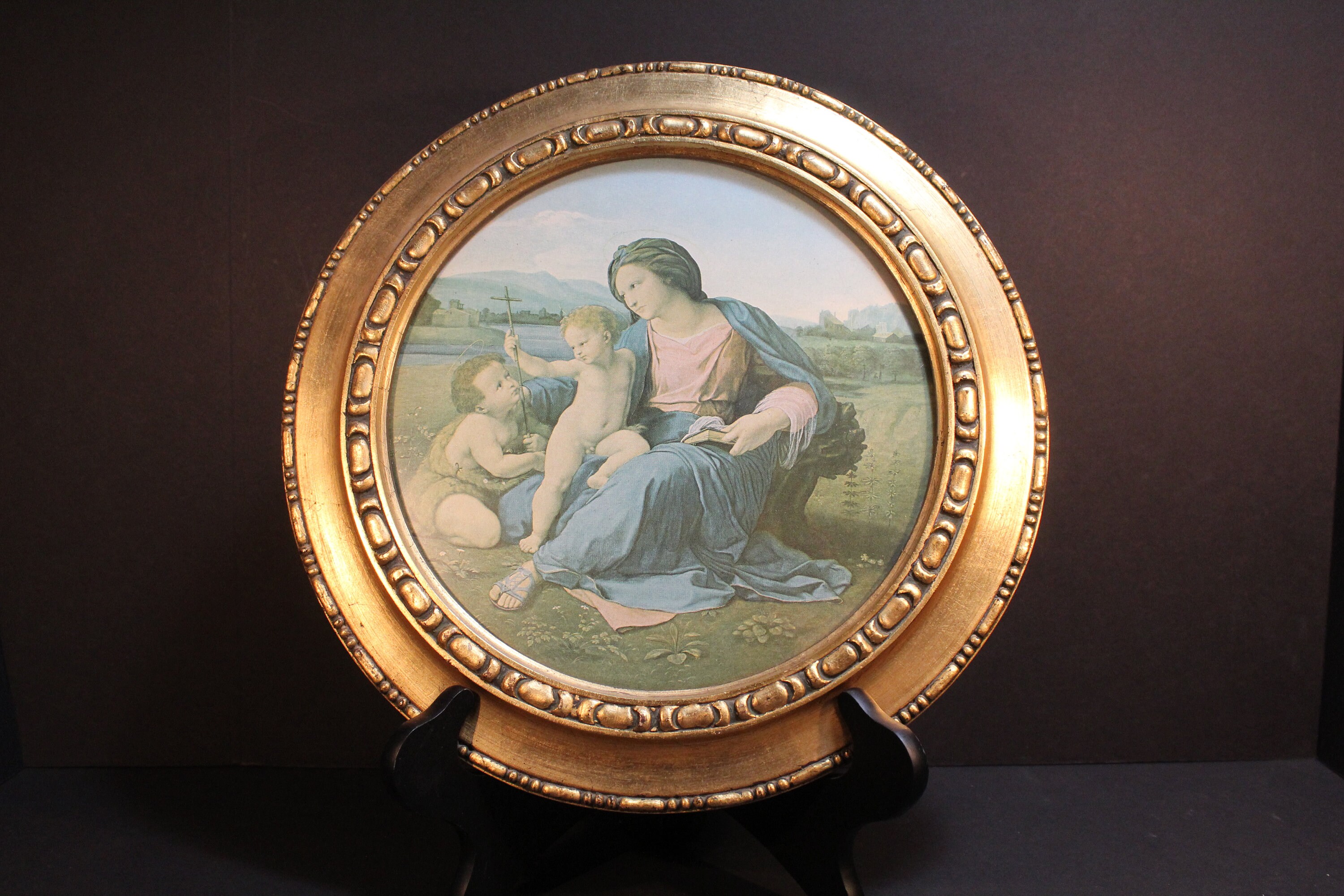 Raphael Framed Print "Alba Madonna" with Baby Jesus, Mary and John the Baptist, Vintage 13" Diameter Round Gold Wood Frame