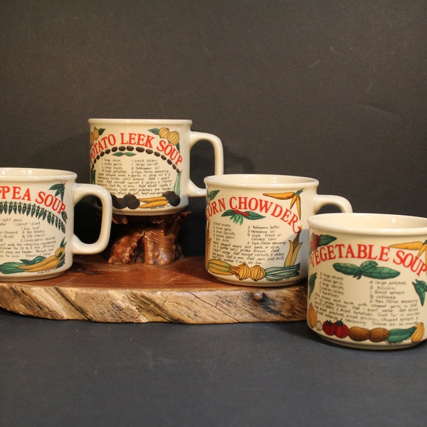 Westwood Recipe Soup Mugs, Set of 4, Corn Chowder, Potatoe Leek, Split Pea and Vegetable, 1997 Vintage