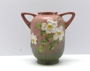Roseville Pottery White Rose Two Handle Vase #979-6, 1940 Vintage
