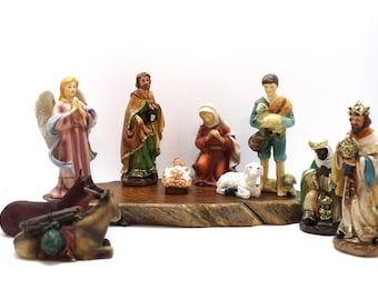 Nativity Scene Figurines, Holy Family, Angel, Shepherd Boy, Cow, Donkey Sheep