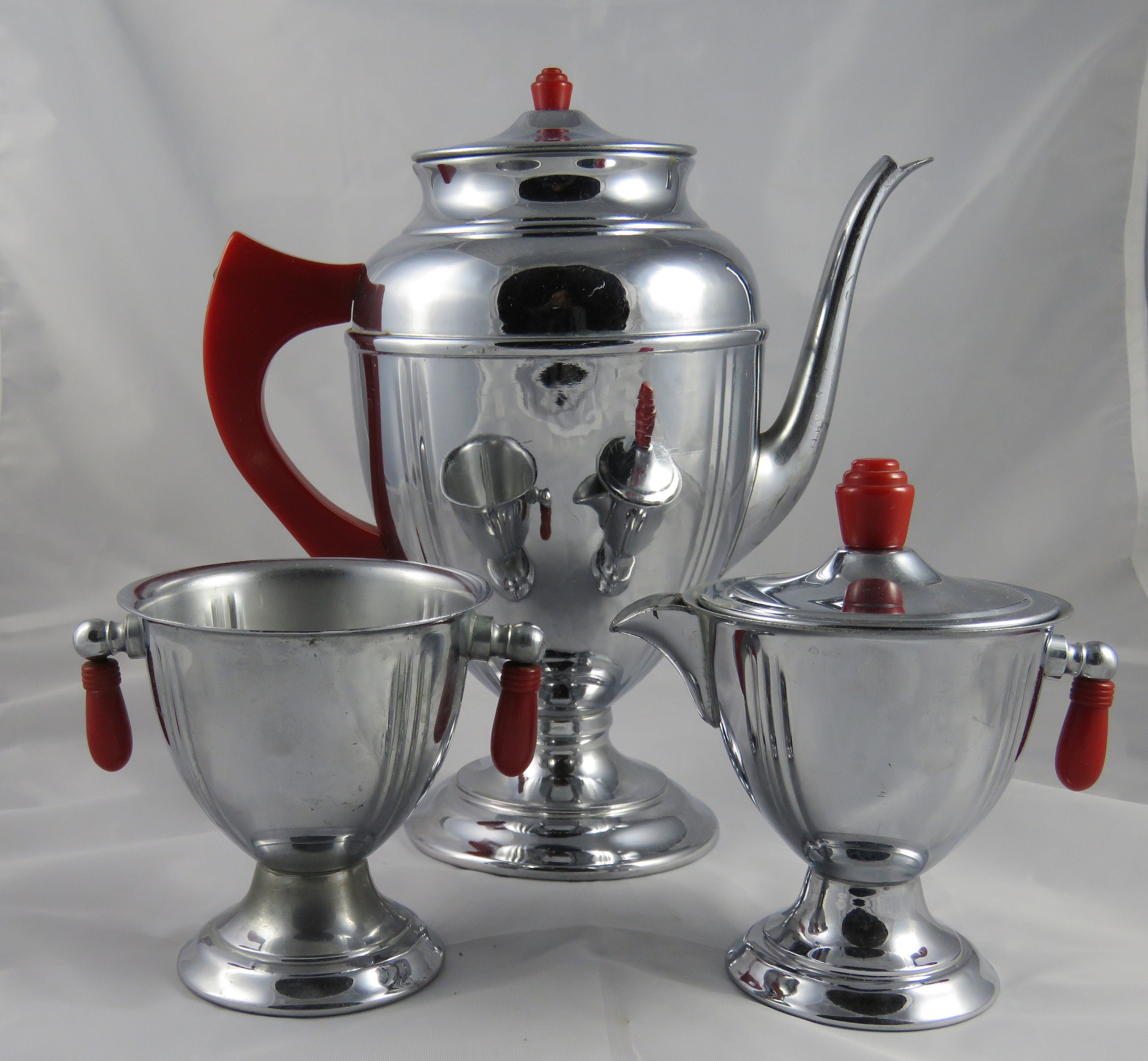 Chrome Art Deco Red Bakelite Tea Set with Teapot Creamer Etsy