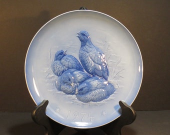 Hutschenreuther 1974 Partridge Birds Plate Called "Awakening," Collectible Decorative Blue and White German Porcelain Wall Hanging