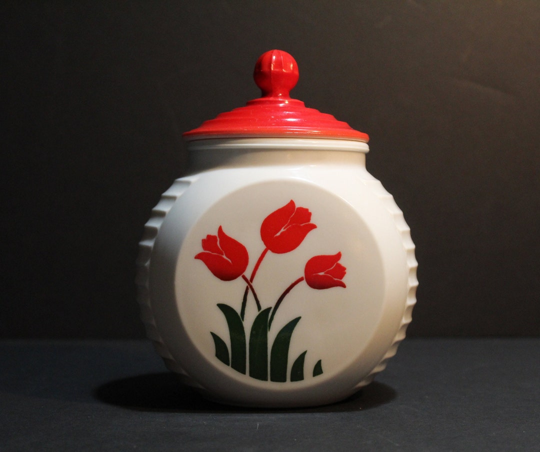 Fire King Grease Jar Tulip Design With Red Lid, 1940's Vintage Milk