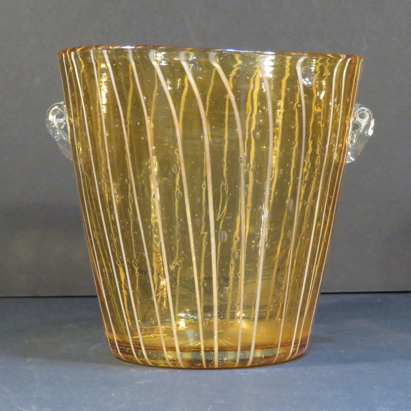 Venini for Disaronno Art Glass Italian Ice Bucket Hand Blown Yellow/Brown with White Strip, Mid Century Barware