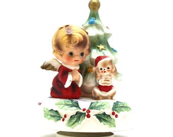 Josef Originals Christmas Music Box, Angel Dog and Tree, 1960&#39;s Vintage