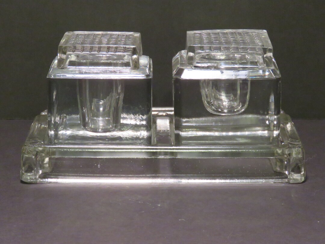 Antique Double Inkwell Glass Stand With Two Square Inkwells, Art Deco ...