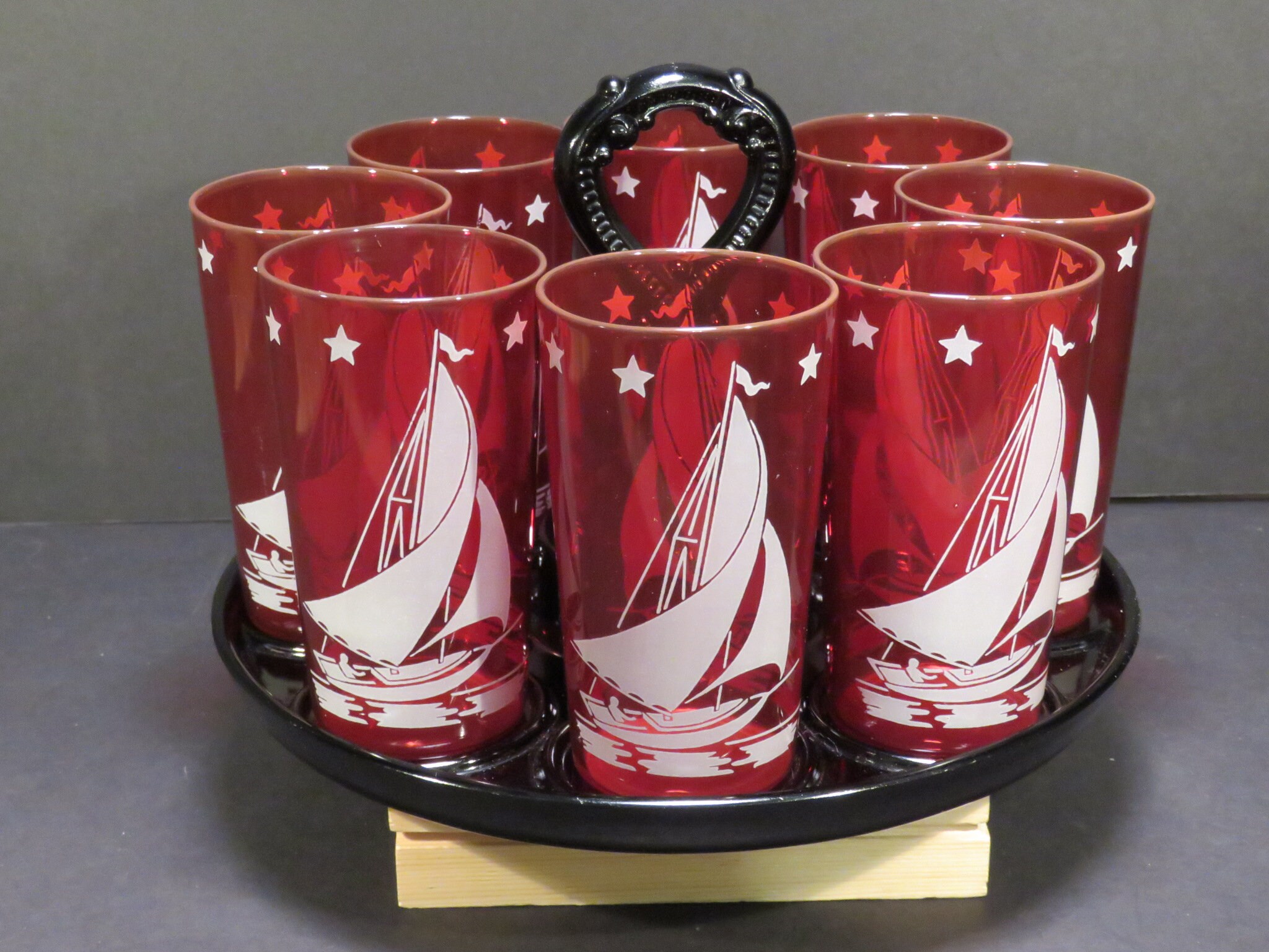 Vintage Anchor Hocking Ruby Red Sailboat 5 Tall Glasses Etsy