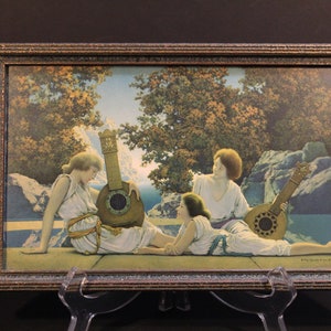 Maxwell Parrish "The Lute Players" Framed Lithograph Print, The House of Art. N Y with Original Frame, 1924 Antique 11" x 7"
