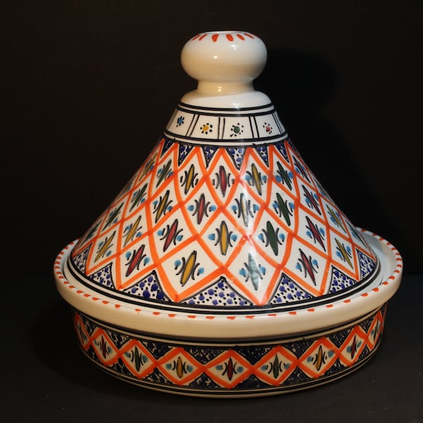 Slama Tunisia Pottery Tajine (Tagine), Handmade and Hand Painted Fireclay Vessel for Cooking and Serving, Vintage