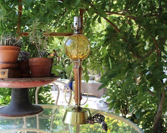 Mid Century Modern Amber Bubble Glass Table Lamp, with Glass, Brass and Wood, 1960's Vintage