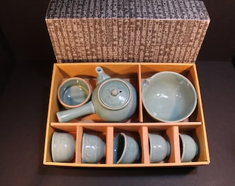 Vintage Korean Celadon Ceremonial Tea Set, Green Crackle Glaze, Hand Made, Service for 5, Original Box