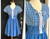 1980s plaid denim lace-up dress, 80s vintage Lira blue sundress casual day dress, size M L