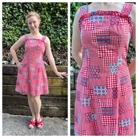 1970s red gingham patchwork mini dress, 70s vintag