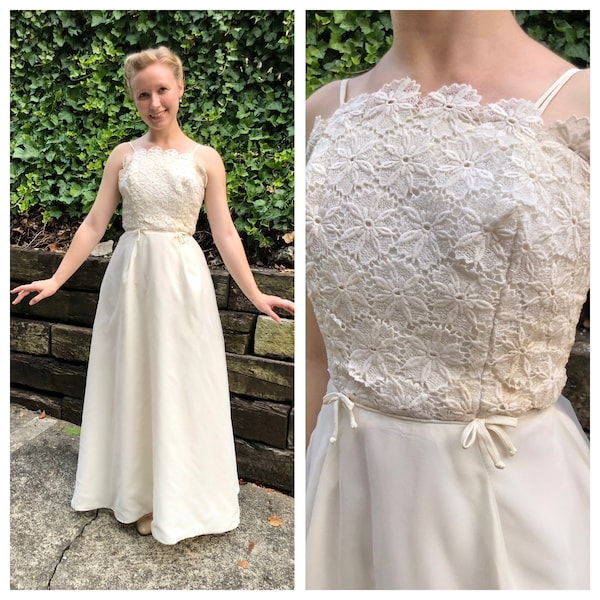 1960s white lace daisy formal, 60s vintage cream wedding bridal dress, cotillion evening party prom spaghetti strap maxi gown, size XS