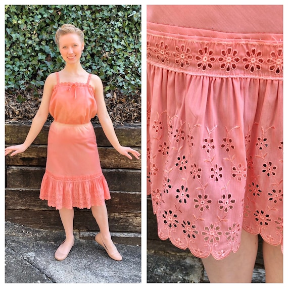 1950s peach eyelet cami and slip set, 50s vintage 