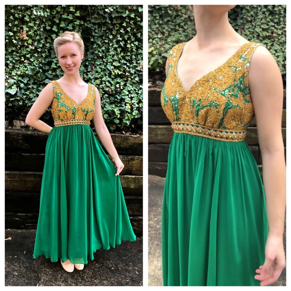 1970s green chiffon Mike Benet formal, 70s gold beaded metallic brocade maxi dress with rhinestones, evening cocktail prom gown, size S/M