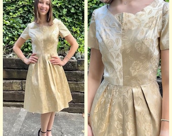 1950s gold brocade cocktail dress, 50s vintage rose print pleated skirt party dress, short sleeve midi formal evening prom gown, size XS/S