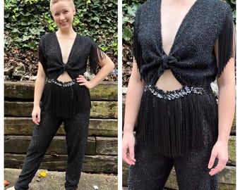 1980s black fringe jumpsuit, 80s vintage metallic fabric keyhole tie front peek-a-boo romper, sequin disco party one piece body suit, size S