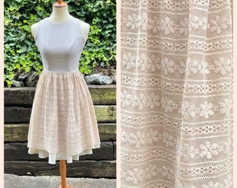 1960s cream cotton lace dress, 60s vintage rayon bodice casual day dress, 1950s 50s tan striped floral full skirt sundress, size XS