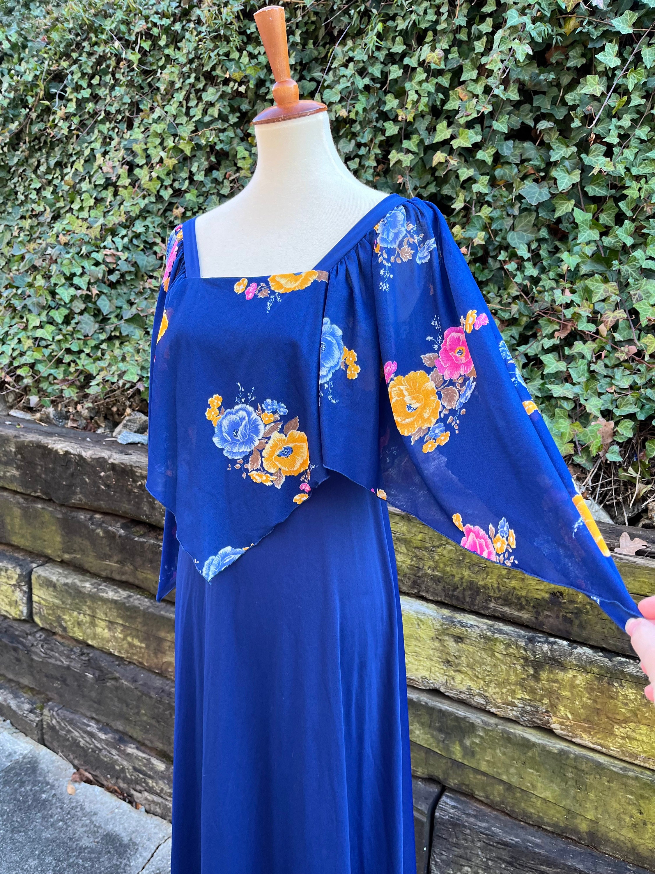 1970s Navy Blue Maxi Dress With Cape, 70s Vintage Floral Flutter Sleeve ...