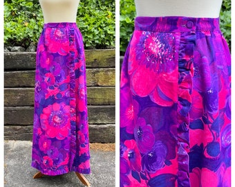 1960s purple Hawaiian floral print maxi skirt, 60s vintage psychedelic groovy flower wrap-around rayon cotton barkcloth skirt, size S