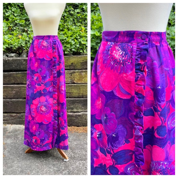 1960s purple Hawaiian floral print maxi skirt, 60s vintage psychedelic groovy flower wrap-around rayon cotton barkcloth skirt, size S