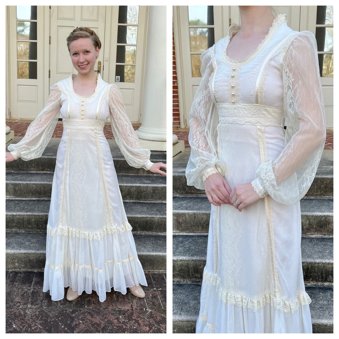 1970s Cream Gunne Sax Maxi Dress, 70s Vintage Ivory Sheer Lace Sleeves ...